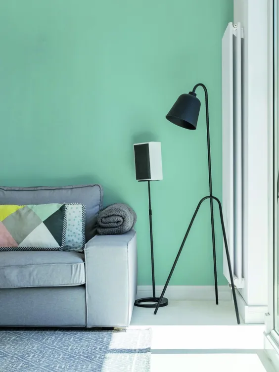 Ściana w salonie pomalowana odcieniem Rosemary z palety Beckers Väggfärg Colour