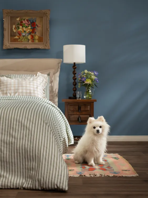 Ściana sypialni pomalowana odcieniem Oxygen z linii Beckers Designer Collection