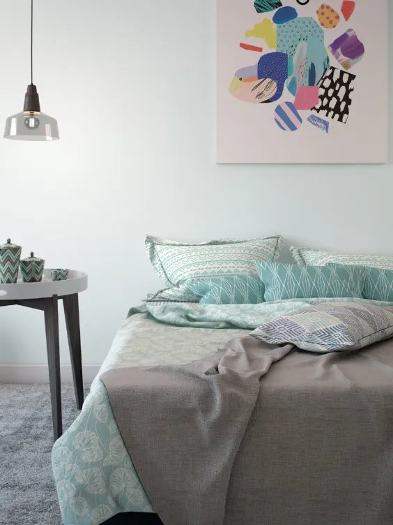 Ściana w sypialni pomalowana odcieniem  Silver Pearl z palety Beckers Designer Colour