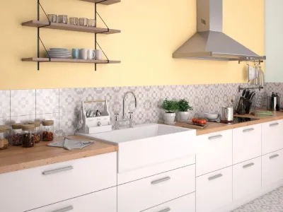 Ściana w kuchni pomalowana odcieniami Comfort i Yellow grapefruit z kolekcji  Beckers Designer Kitchen & Bathroom