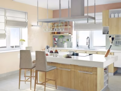 Ściana w kuchni pomalowana odcieniami  Hot cocoa i  Sweet almond z kolekcji  Beckers Designer Kitchen & Bathroom