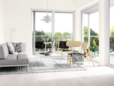 Ściana w salonie pomalowana odcieniem Panna Cotta z kolekcji  Beckers Designer Colour