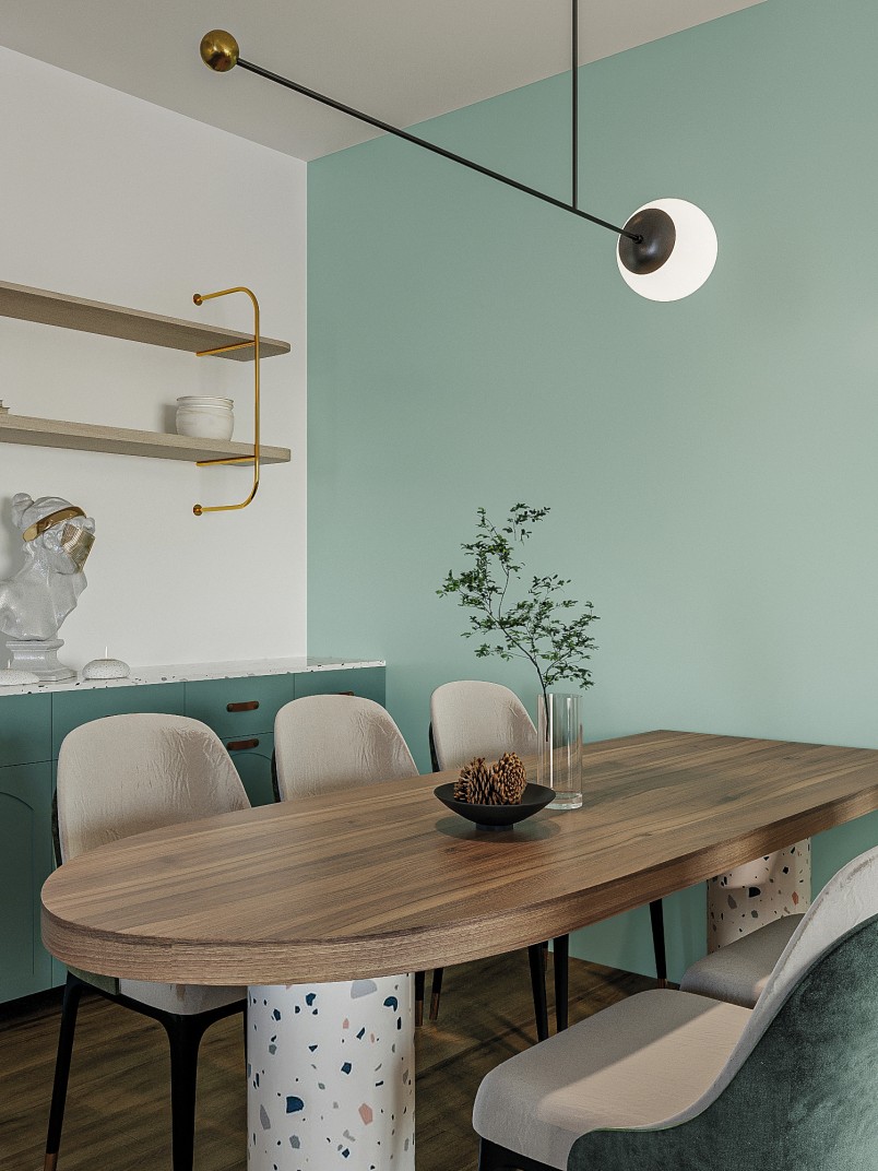 Trend Bold Blocks. Ściana pomalowana kolorem Pastel Mint.