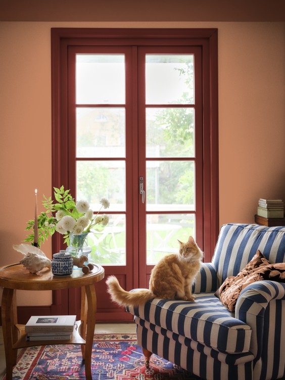 Ściana w salonie pomalowana odcieniem Ruddy