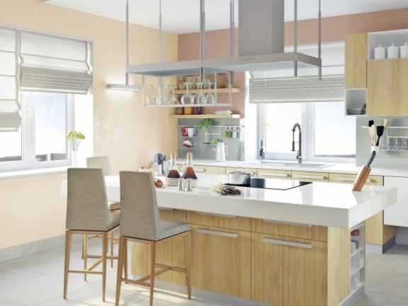 Ściana w kuchni pomalowana odcieniami  Hot cocoa i  Sweet almond z kolekcji  Beckers Designer Kitchen & Bathroom