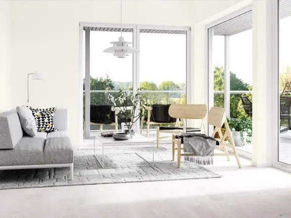 Ściana w salonie pomalowana odcieniem Panna Cotta z kolekcji  Beckers Designer Colour