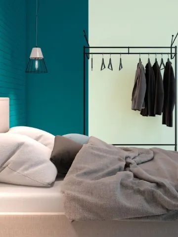 Ściana w sypialni pomalowana odcieniami Cleopatra i Supernova z kolekcji  Beckers Designer Colour