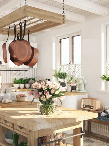 Ściana w kuchni pomalowana kolorem Oat Cake z linii Beckers Designer Kitchen & Bathroom