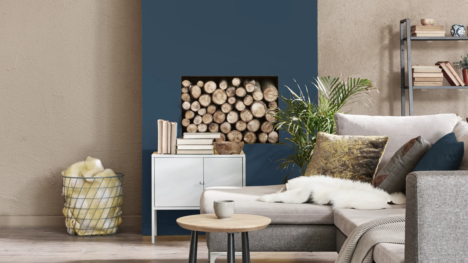 Granatowy akcent w salonie na ścianie