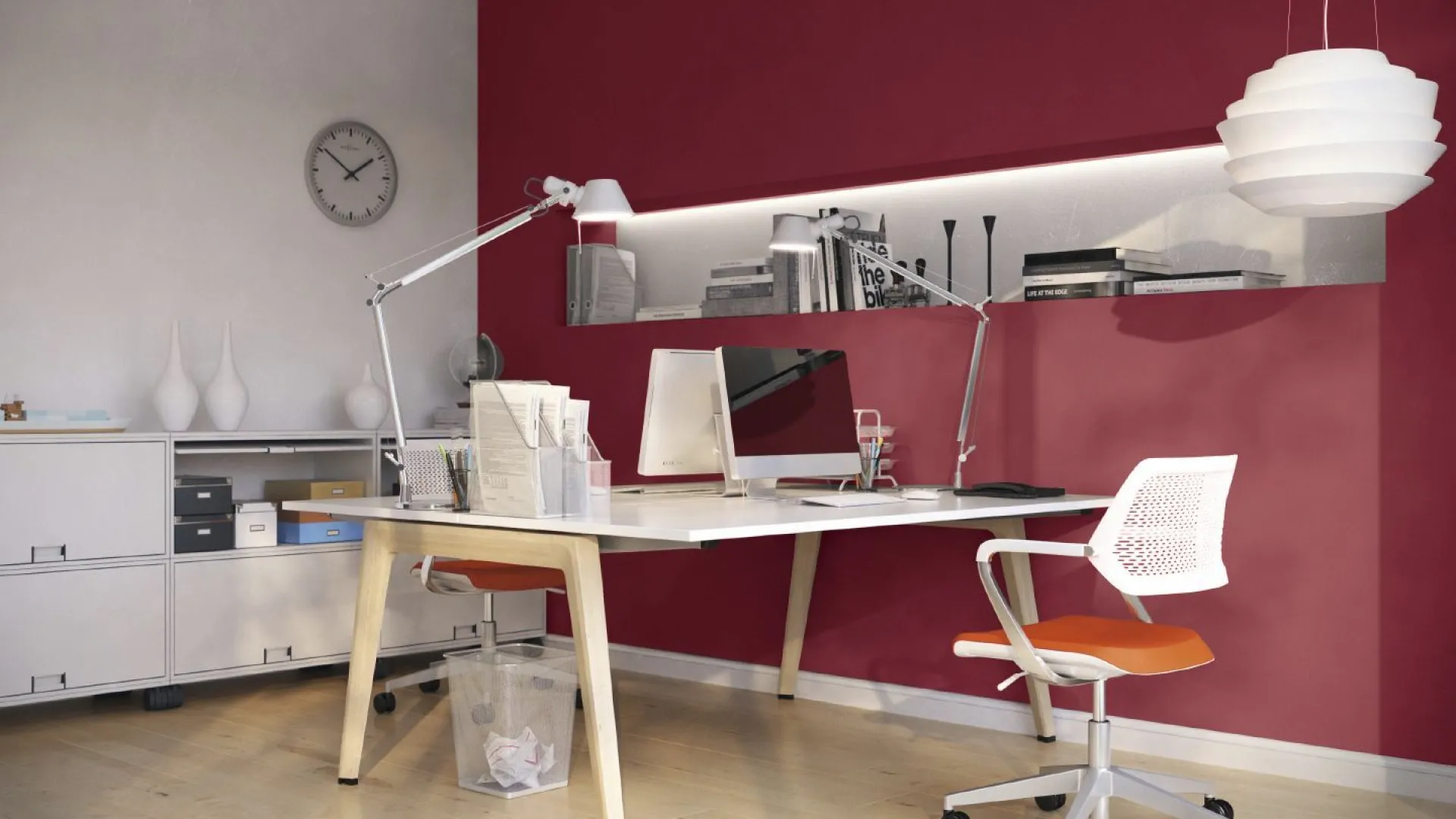 Aranżacja wnętrza dla miejsca pracy w malinowych tonacjach