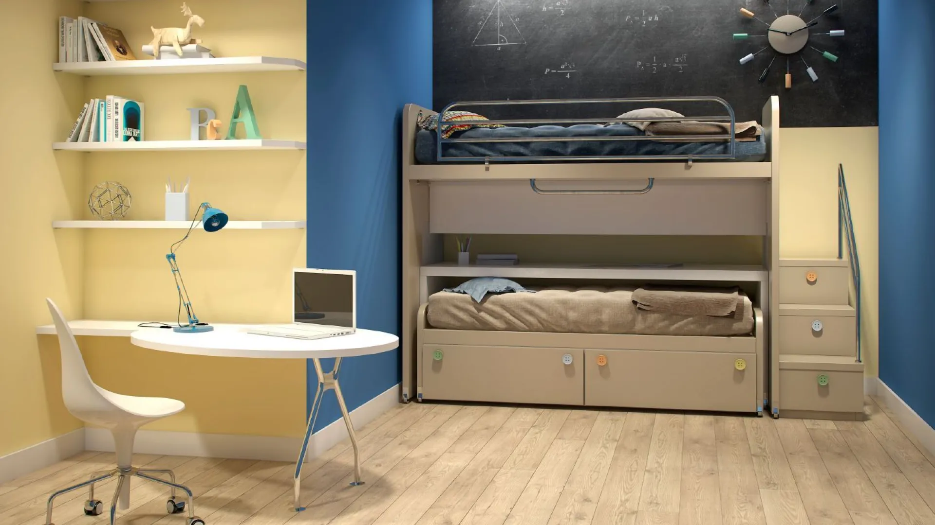 Niebiesko-żółta inspiracja pokoju dziecięcego 