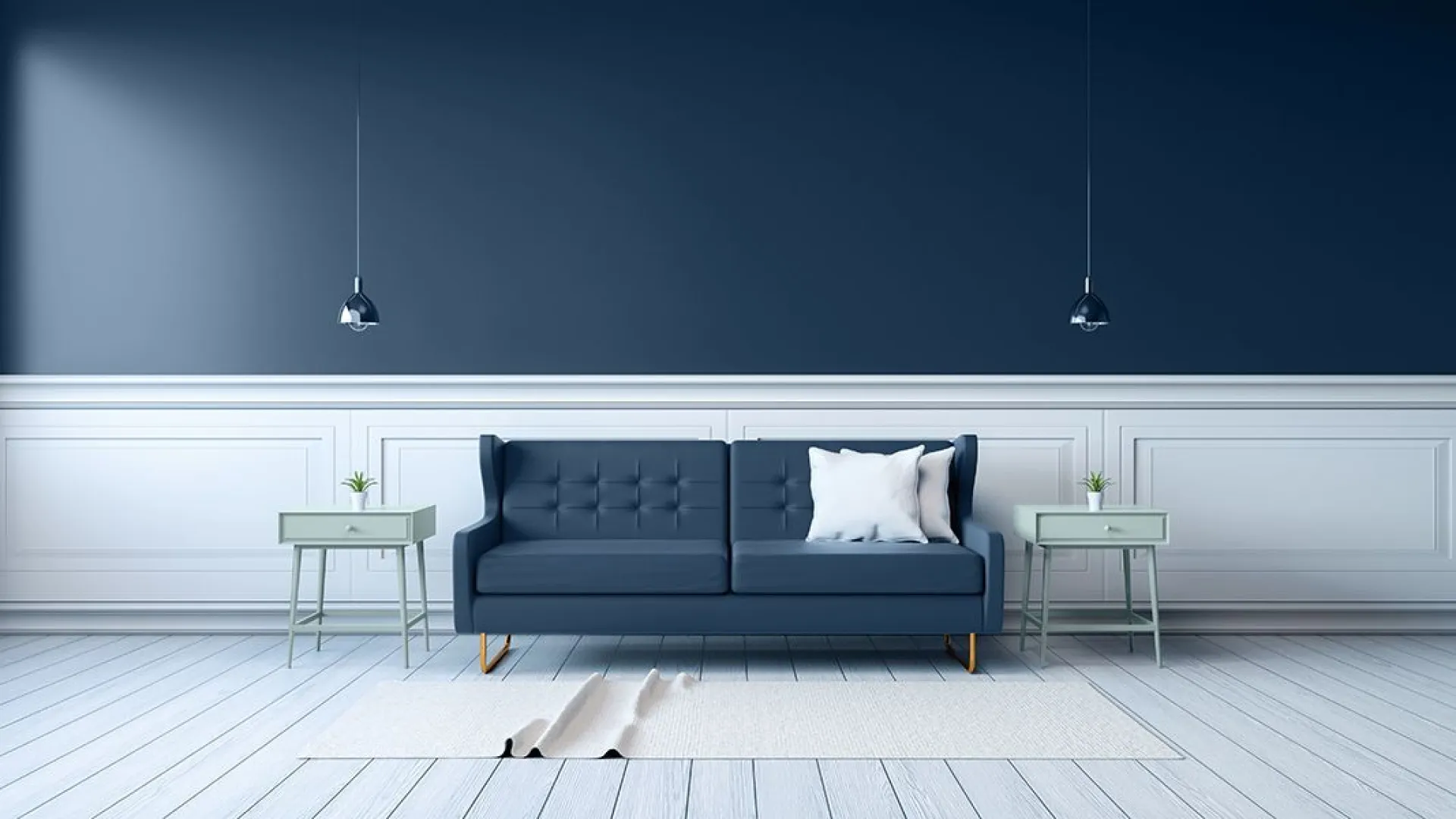granatowa sofa na granatowej ścianie